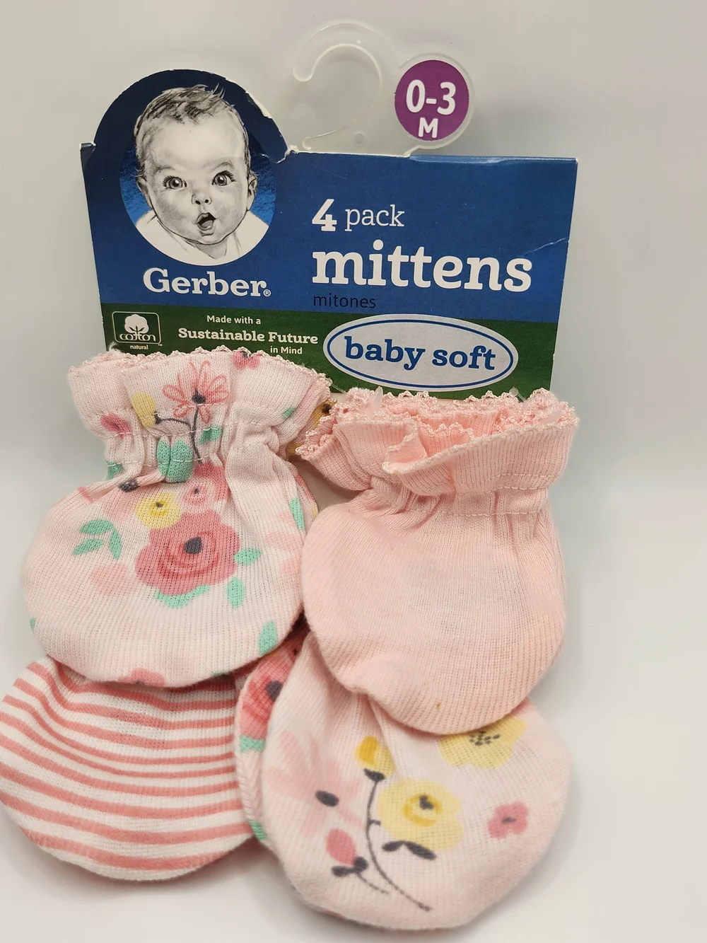 Gerber Pink Floral & Stripe Baby Mittens 4-Pack